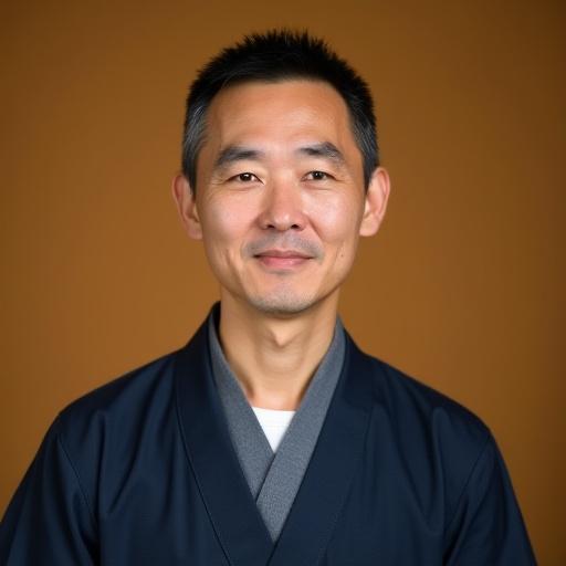 A warm, professional headshot of the head instructor, Sato-sensei, in a traditional Japanese 'samue' work garment.