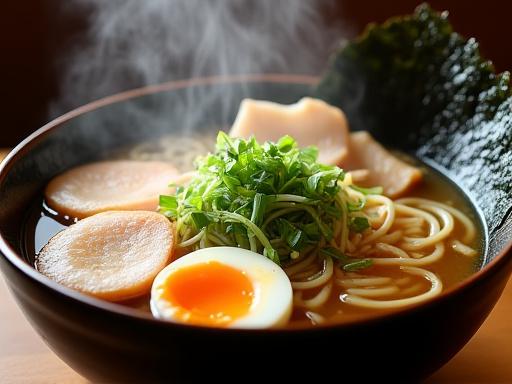 A steaming, beautifully arranged bowl of tonkotsu ramen.